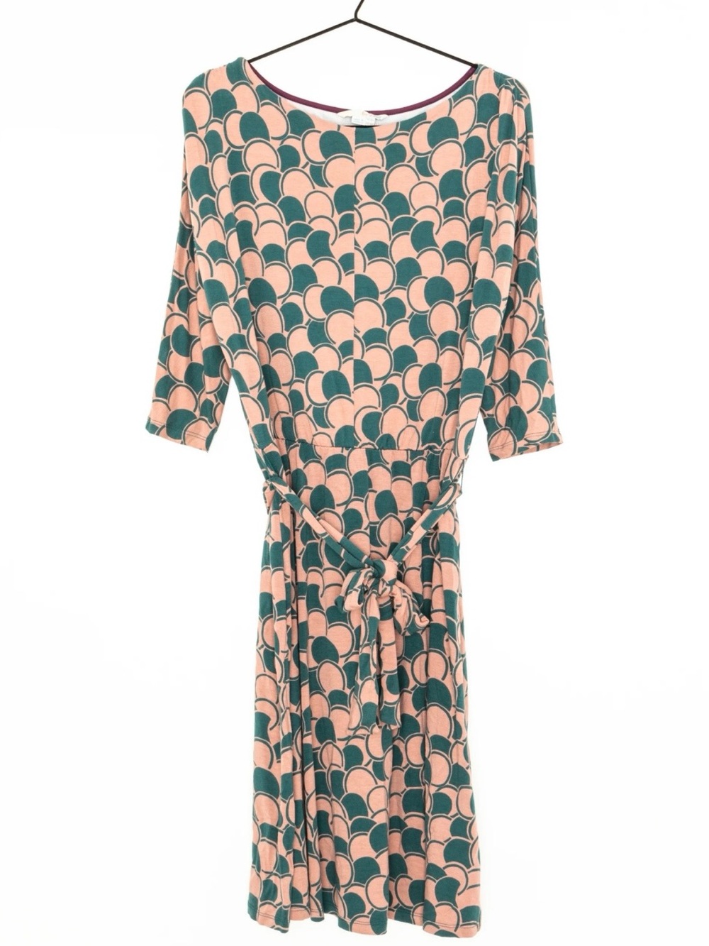 Boden Peach and Teal Scallop Tie-Waist Long Sleeve Dress